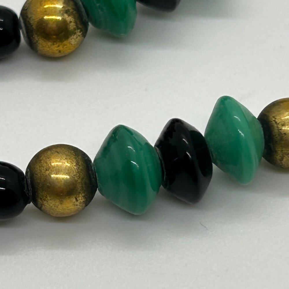 Vintage Glass Beaded Necklace Black Green Brass Accents Statement Long Art Deco - Picture 3 of 16